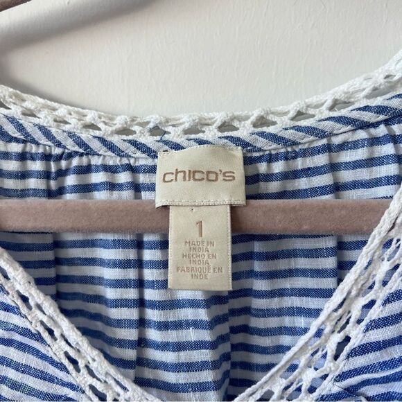 Chico’s linen blue & white striped crochet trim blouse - Picture 3 of 6